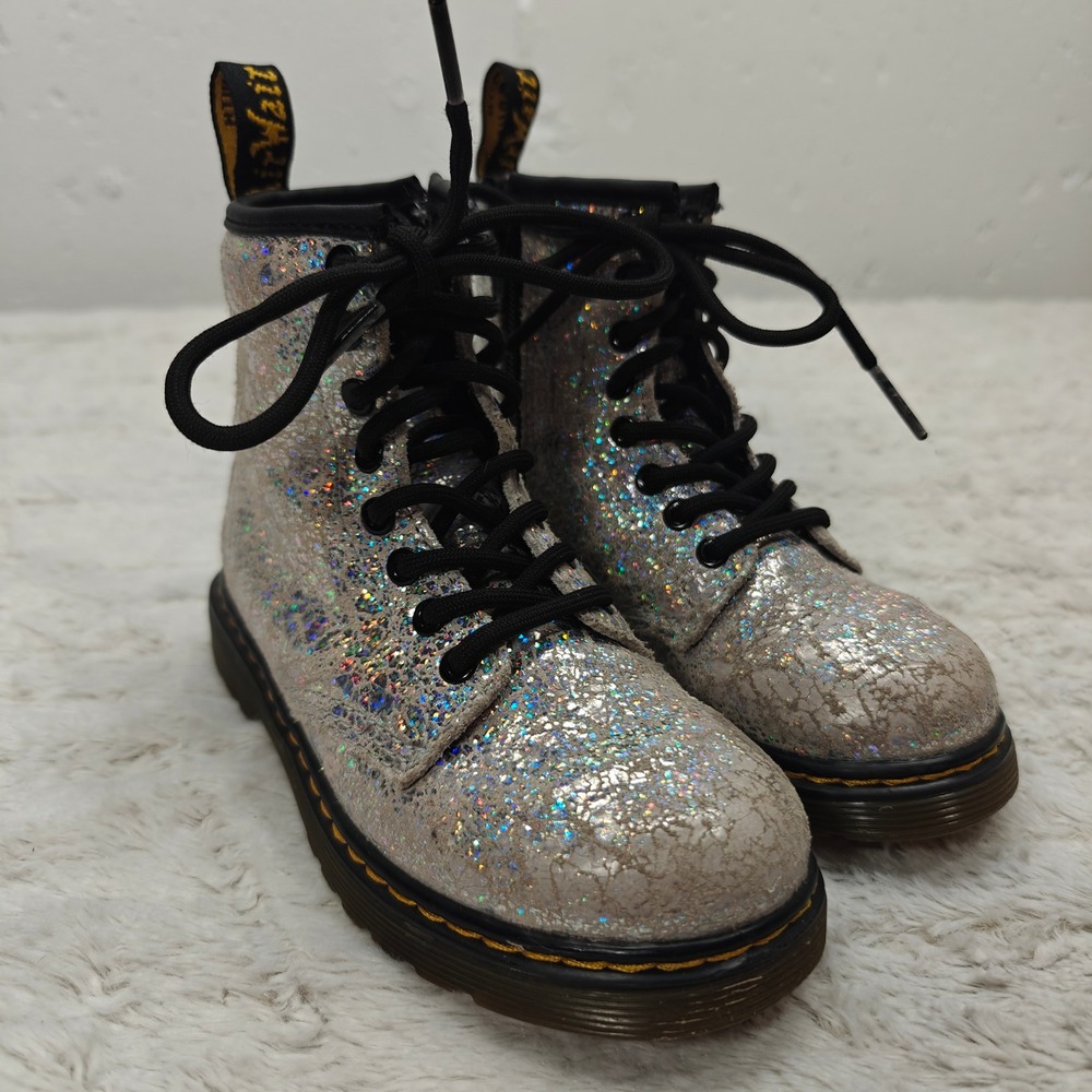 Dr‎ Martens 1460 J Combat Boots Kids Girls Size 11 Metallic Silver Side Zipper